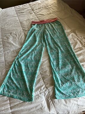 Cabana Life Wide Leg Lounge/Cover up Pants in Teal with Pink Waistband- SPF